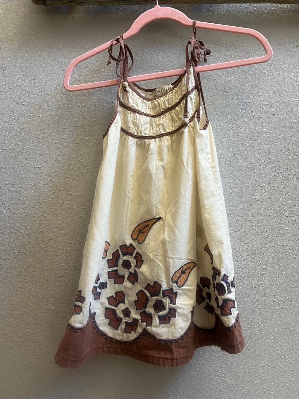 Forever 21 Cream Tank with Brown Floral Hem and Tie Straps